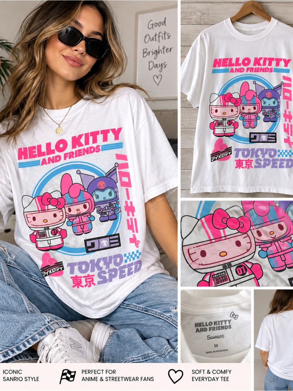 Hello Kitty Tokyo Speed Graphic  Cotton unisex  MEDIUM T-Shirt  My Melody Kuromi